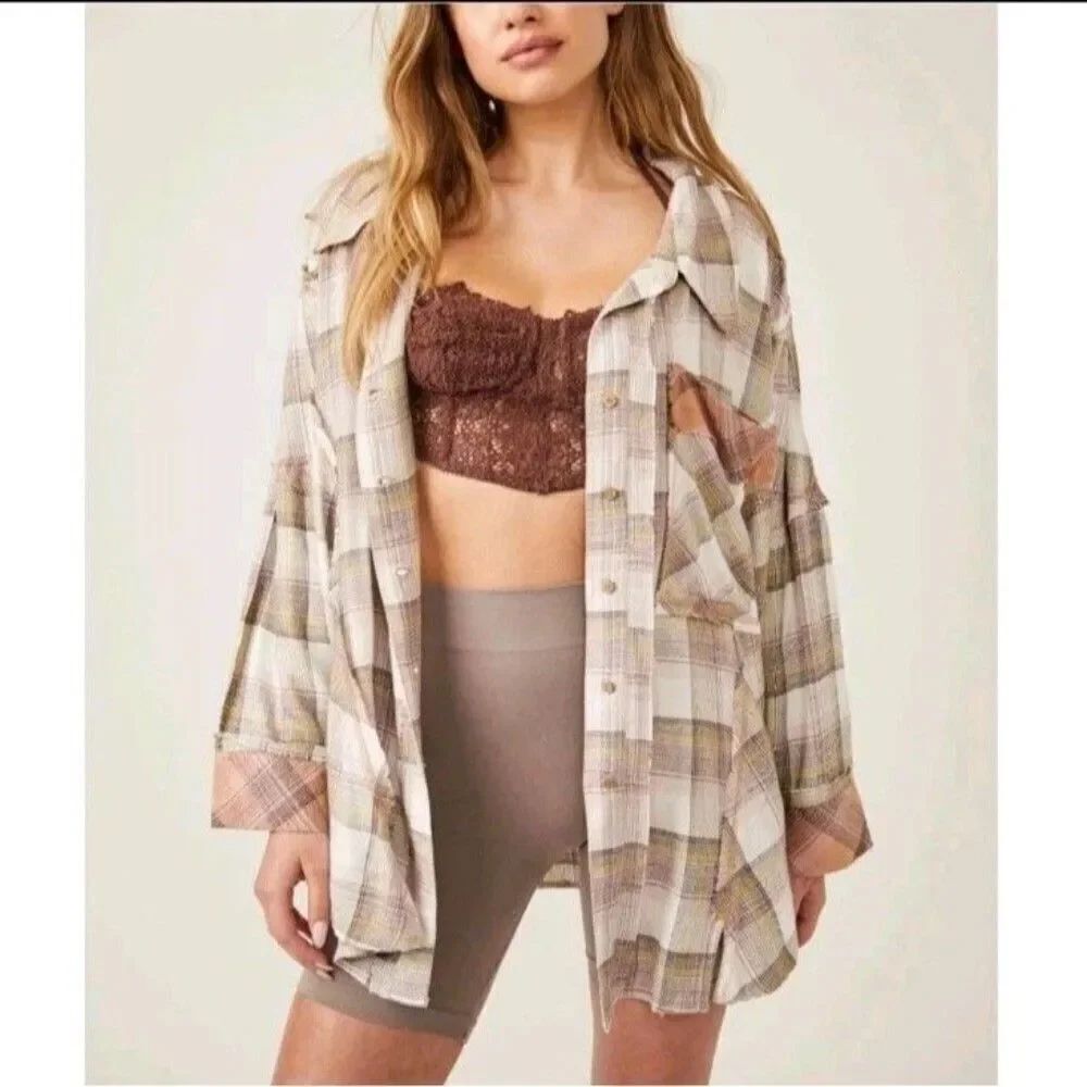 Free People Intimately Fallin For Flannel Sleep Shirt Top XS Women's Oversized